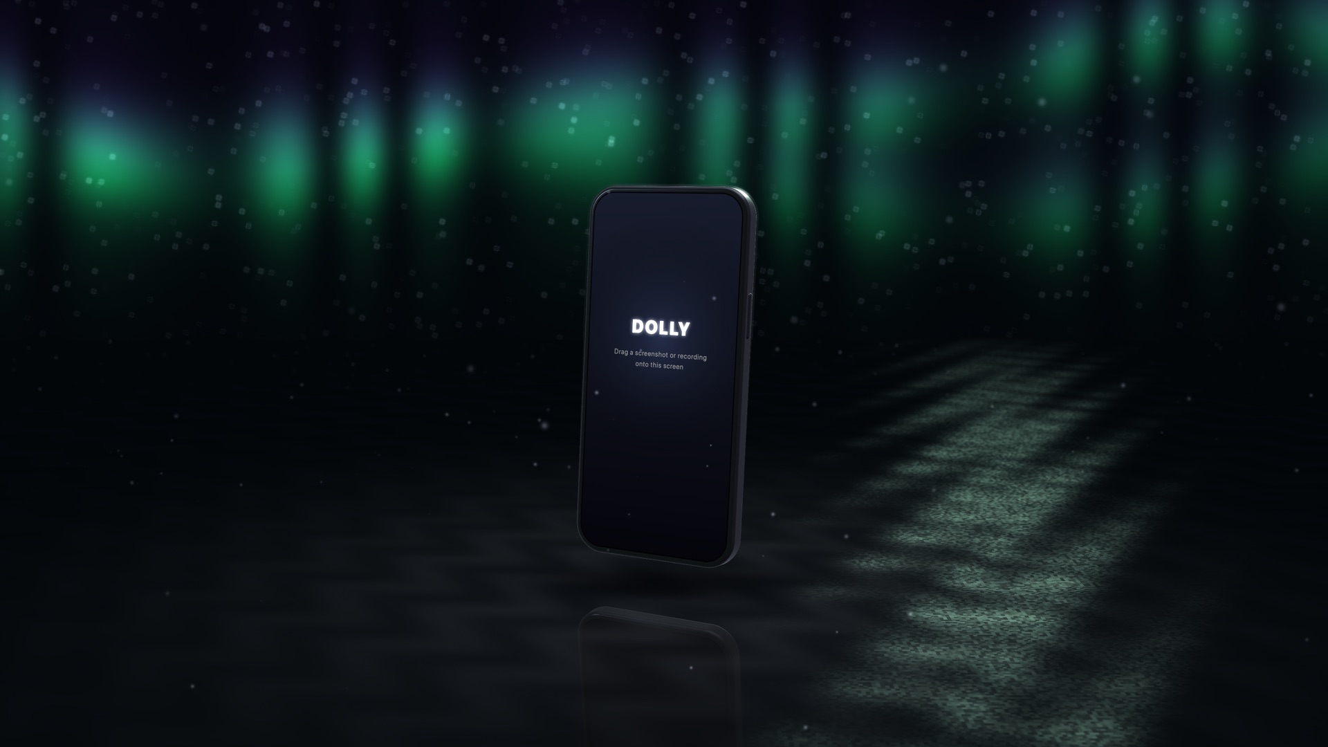 A phone under green aurora curtains with stars, reflected in dark water