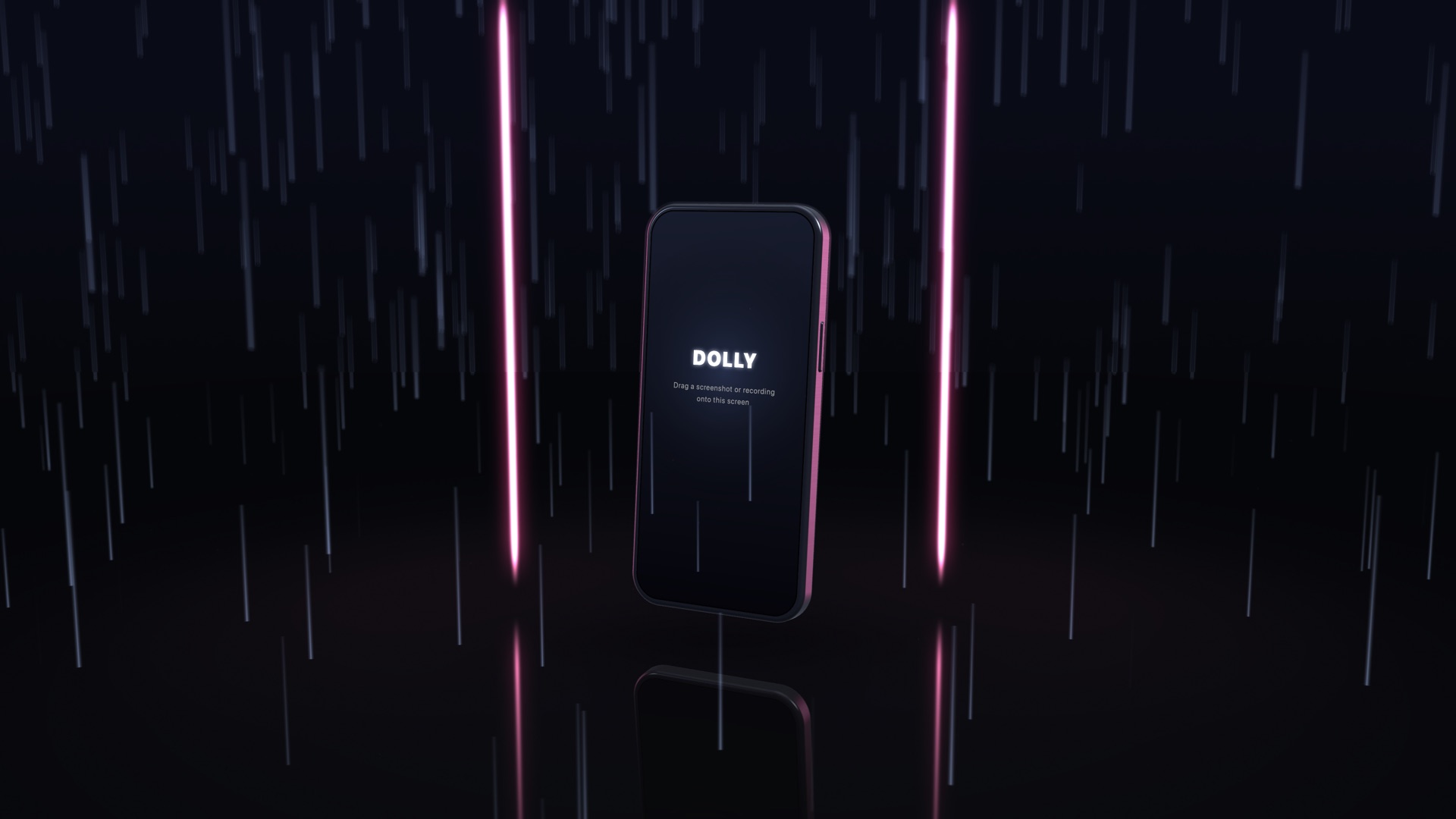 A phone between two pink neon tubes in blue rain, reflected in a wet floor